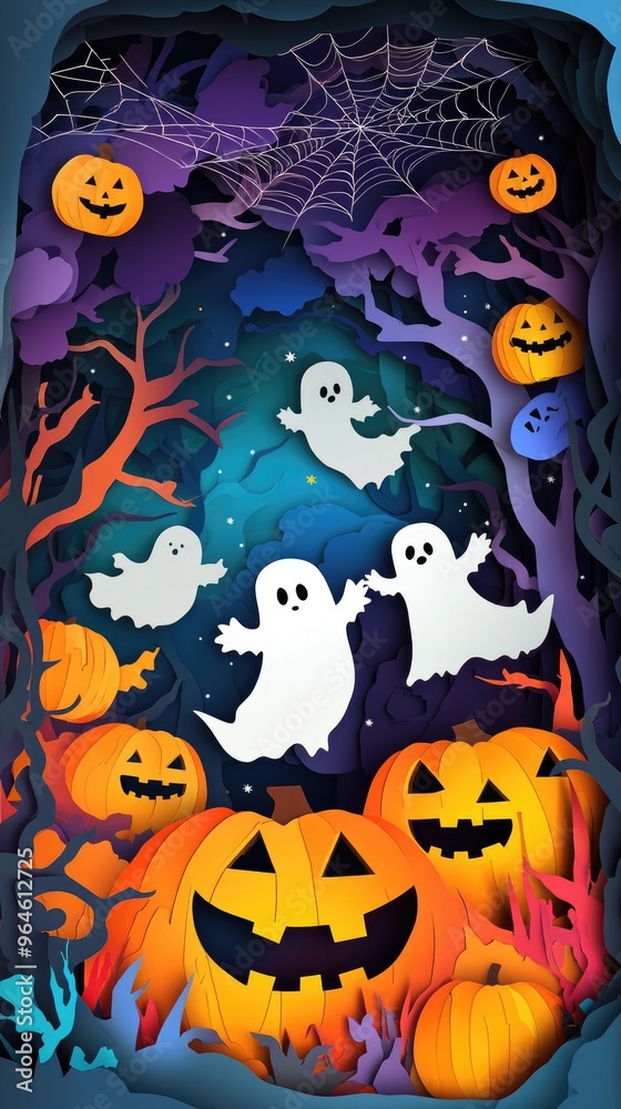 Paper cut style illustration of playful ghosts and pumpkins dancing under the moonlight Paper cut style illustration of playful ghosts and pumpkins dancing under the moonlight
