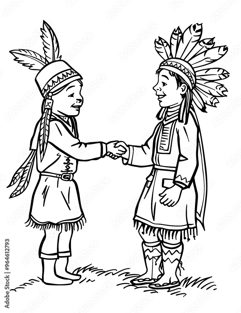Fototapeta premium Native American and Pilgrim Thanksgiving Coloring Pages Detailed Festive Illustrations