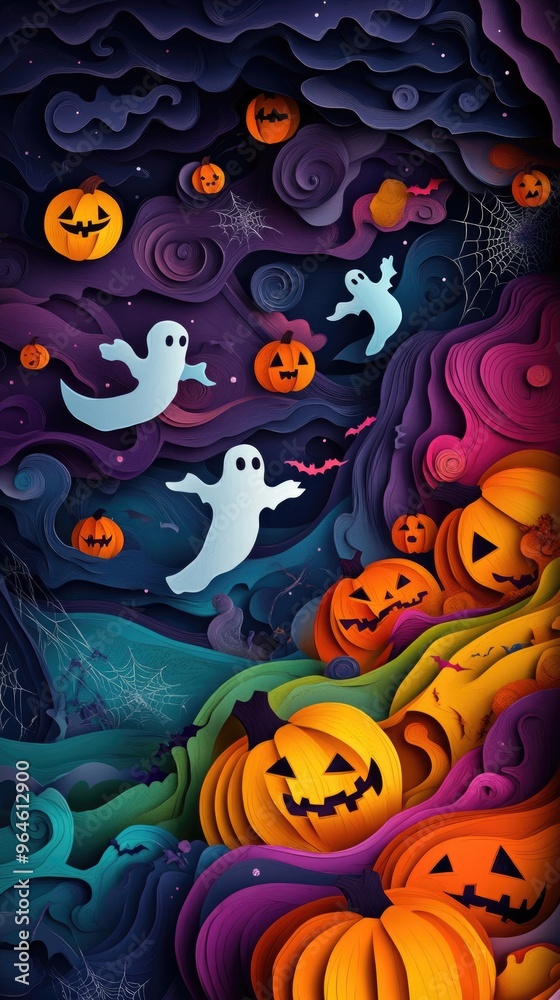 Paper cut style illustration of playful ghosts and pumpkins dancing under the moonlight Paper cut style illustration of playful ghosts and pumpkins dancing under the moonlight