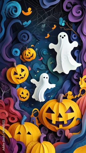 Paper cut style illustration of playful ghosts and pumpkins dancing under the moonlight