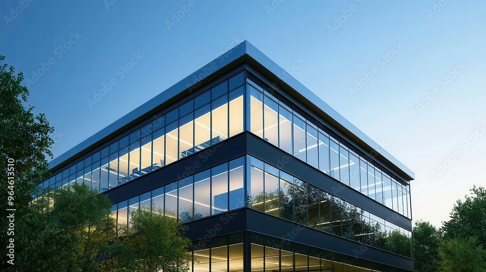A green office building with glass walls, surrounded by trees and plants, Solar-powered, Sustainable design, Photorealistic, 3D Render A green office building with glass walls, surrounded by trees and plants, Solar-powered, Sustainable design, Photorealistic, 3D Render