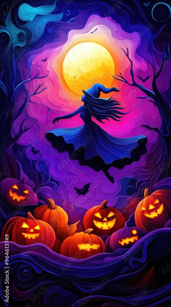 Paper cut style illustration of a witch flying over pumpkins under a full moon Paper cut style illustration of a witch flying over pumpkins under a full moon