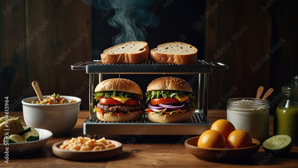 New modern grill maker accompanied by sandwiches and various ingredients, all arranged on a wooden table
New modern grill maker accompanied by sandwiches and various ingredients, all arranged on a wooden table