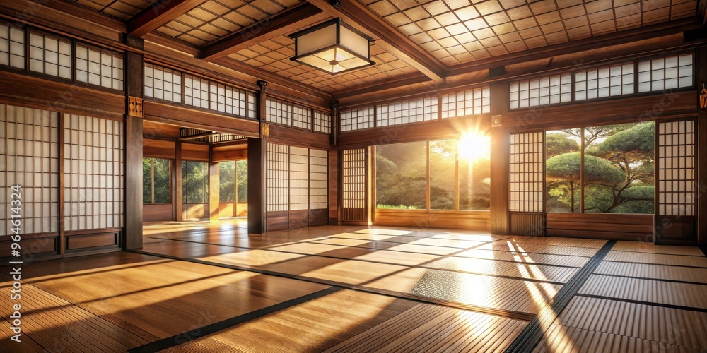 Traditional Japanese dojo with large windows and sunlight creating a serene atmosphere, highlighted by wooden floor and furnishings, showcasing heritage and culture Traditional Japanese dojo with large windows and sunlight creating a serene atmosphere, highlighted by wooden floor and furnishings, showcasing heritage and culture