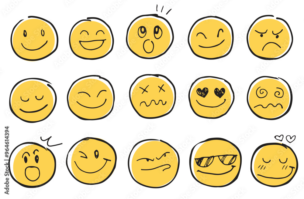 Fototapeta premium Doodle Emoticon Face Icon Set. Hand Drawn Sketch Emoji with Different Emotion and Mood. Vector illustration