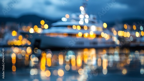 A blurred image of a luxurious yacht illuminated by city lights at dusk, reflecting on the water's surface.