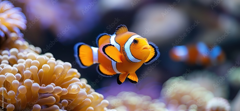Close up of a vibrant orange and white clownfish swimming near a colorful coral reef. Its bright colors and intricate patterns stand out against the background. Close up of a vibrant orange and white clownfish swimming near a colorful coral reef. Its bright colors and intricate patterns stand out against the background.