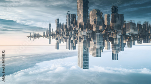 A surreal cityscape where all the buildings are upside down, suspended in the sky above a calm ocean, with their reflections mirrored perfectly in the water