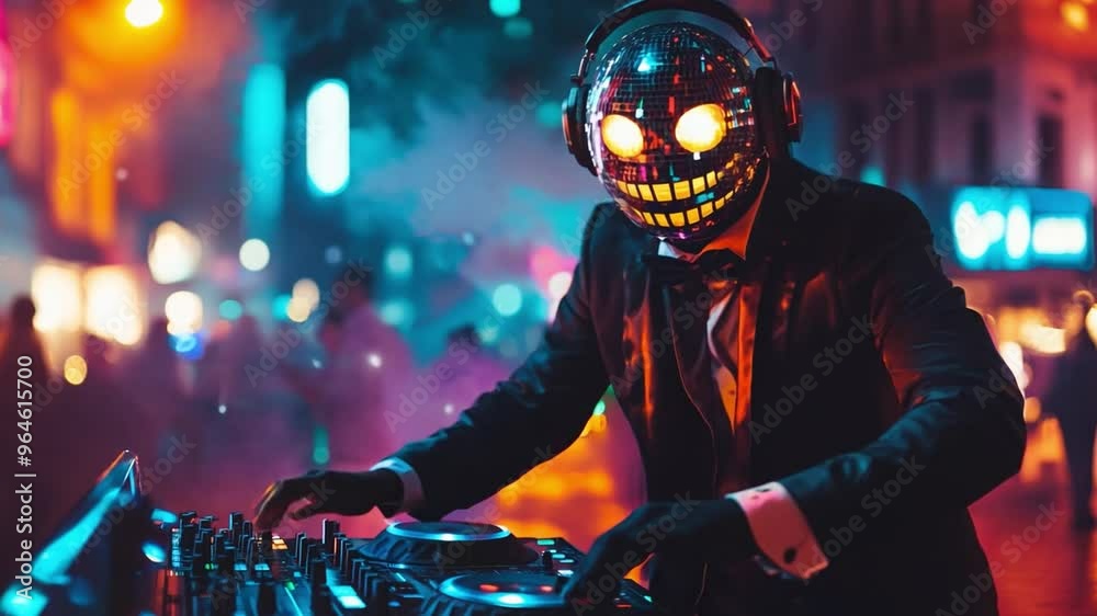 A DJ wearing a glowing Jack o lantern mask and headphones mixes music on a set of turntables at a Halloween festival party in night city