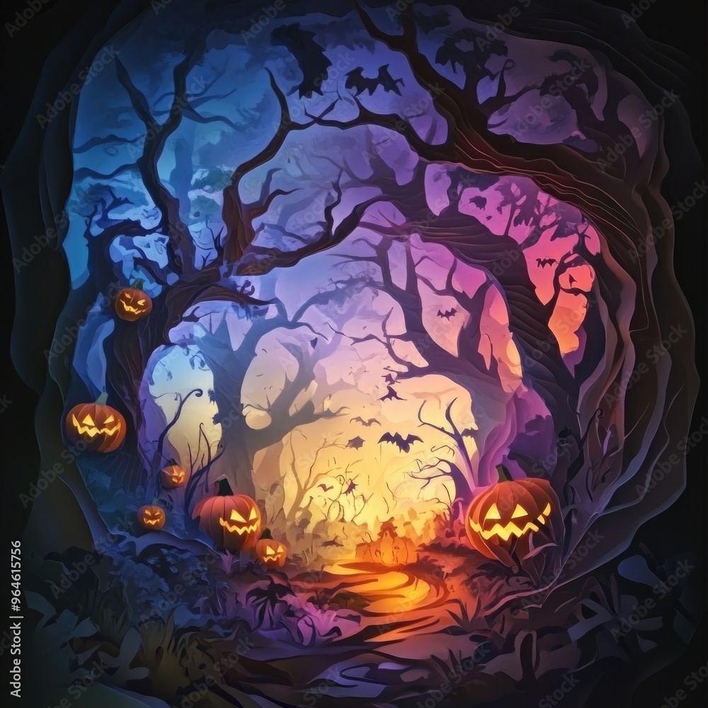 Paper cut style illustration of an enchanted forest with glowing pumpkins and twisted trees Paper cut style illustration of an enchanted forest with glowing pumpkins and twisted trees