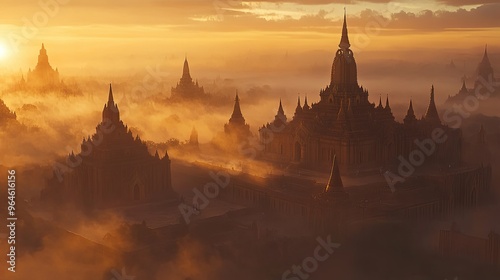 The spires of the Bagan temples rising above the mist at dawn, with the sun just beginning to rise.