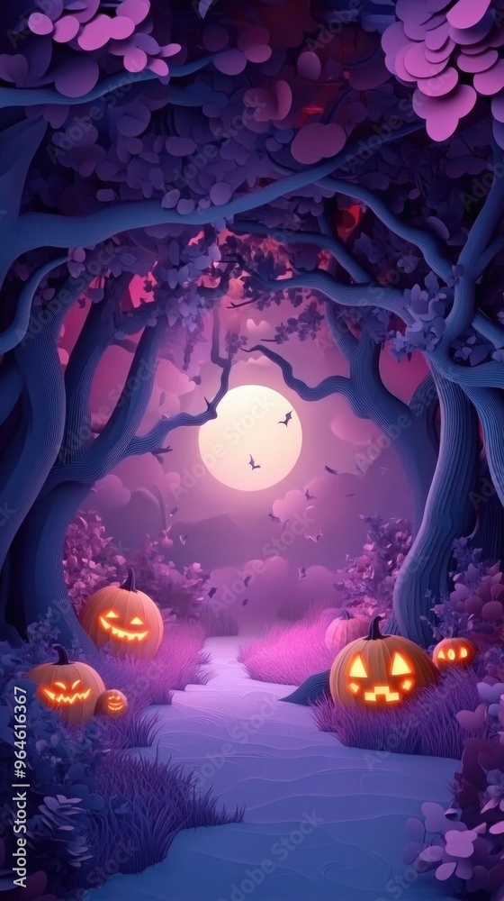 Paper cut style illustration of an enchanted forest with glowing pumpkins and twisted trees Paper cut style illustration of an enchanted forest with glowing pumpkins and twisted trees