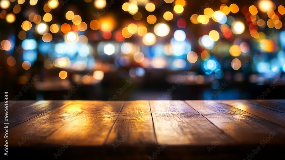 A blurred background of lights creates a warm atmosphere, with a wooden table in focus, ideal for dining or socializing. A blurred background of lights creates a warm atmosphere, with a wooden table in focus, ideal for dining or socializing.