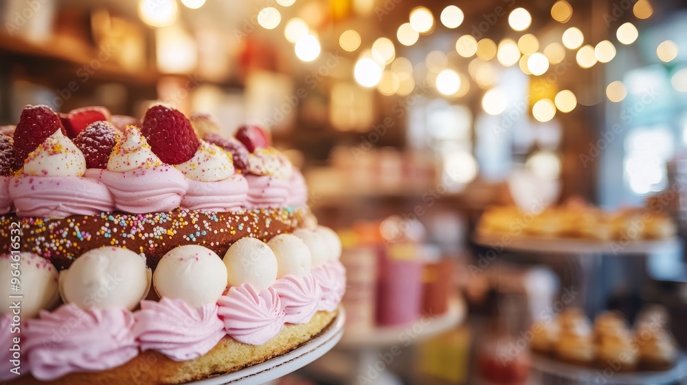 A beautifully decorated cake with pink frosting and fresh raspberries, set in a cozy bakery with warm lights. A beautifully decorated cake with pink frosting and fresh raspberries, set in a cozy bakery with warm lights.