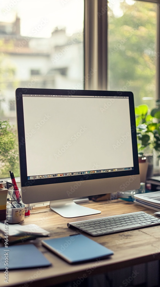 A computer monitor sits on a wooden desk with a keyboard and a notebook. A computer monitor sits on a wooden desk with a keyboard and a notebook.