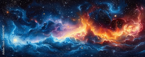 A painting of a starry sky with a large orange cloud in the middle. The painting is full of stars and the orange cloud is the main focus. The mood of the painting is peaceful and serene