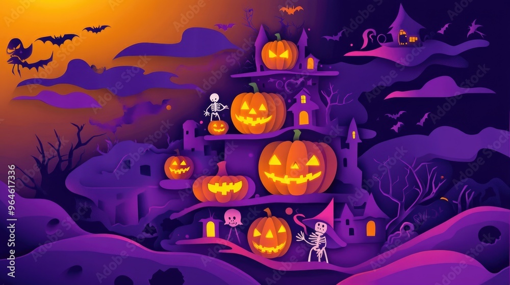 Paper cut style illustration of a pumpkin tower with Halloween characters like witches and skeletons Paper cut style illustration of a pumpkin tower with Halloween characters like witches and skeletons