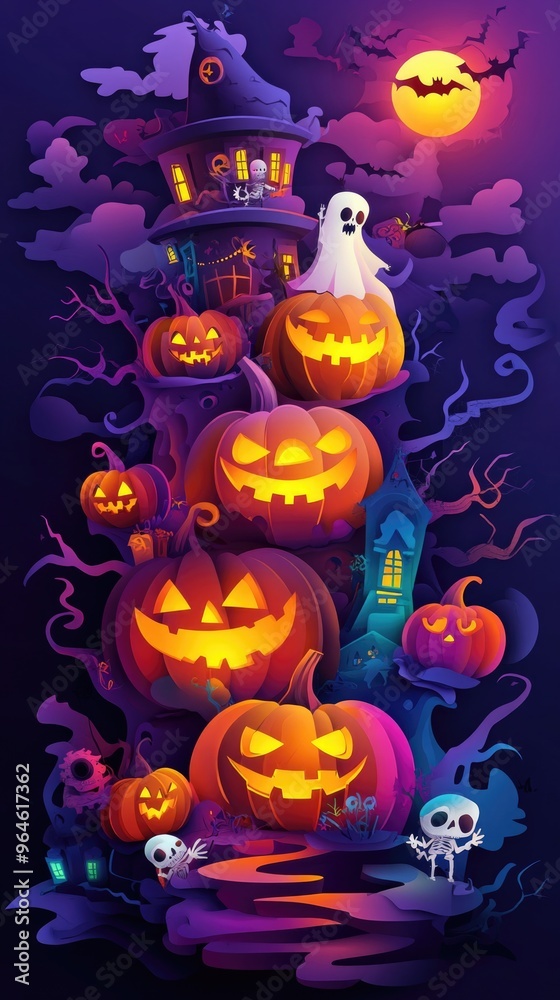 Fototapeta premium Paper cut style illustration of a pumpkin tower with Halloween characters like witches and skeletons
