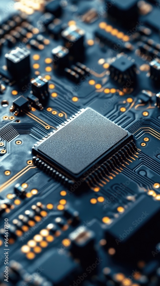Close-up view of a modern microchip on a circuit board showcasing intricate electronic components and connections. Close-up view of a modern microchip on a circuit board showcasing intricate electronic components and connections.