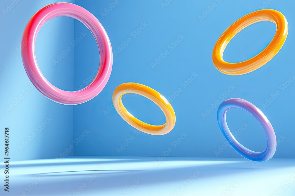 Colorful floating rings in a bright blue space create a playful and vibrant atmosphere, perfect for creative projects. Colorful floating rings in a bright blue space create a playful and vibrant atmosphere, perfect for creative projects.
