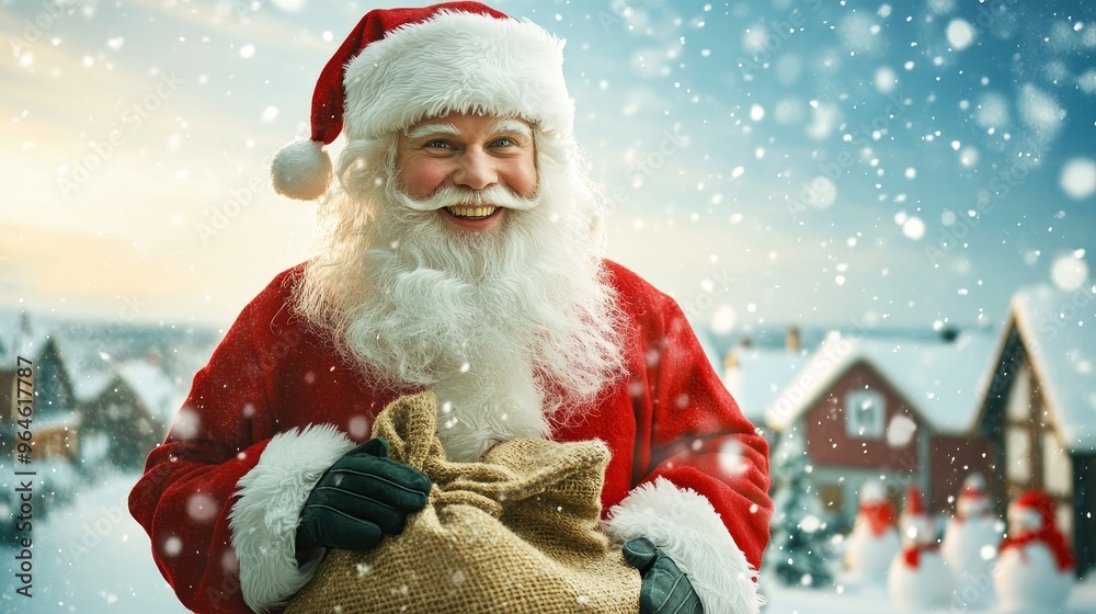 A cheerful Santa Claus in a snowy landscape, holding a sack, embodying the festive spirit of Christmas.