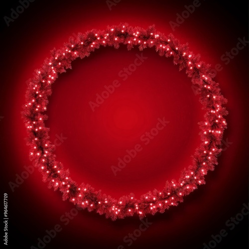 Christmas red background with realistic decoration round ring from glass light garland. Merry Christmas Greeting card. Happy new year. ai generated