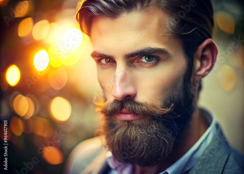 beautifully groomed facial hair in soft focus with warm light and pastel colors photo