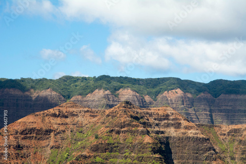 High view of Waimea Canyon with blue sky and clouds in Kauai, Hawaii