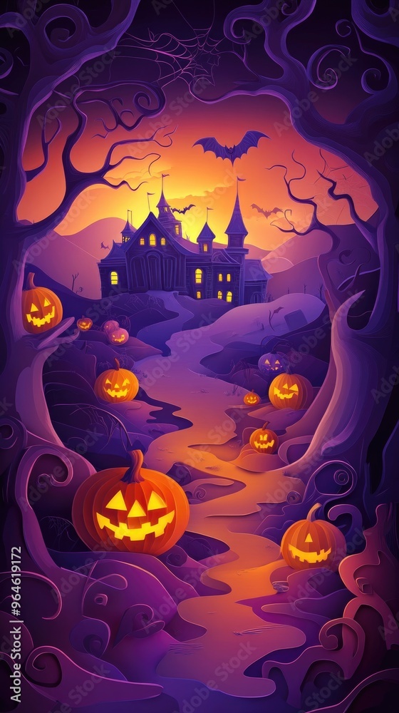Paper cut style illustration of a haunted path lined with pumpkin lanterns, leading to a spooky mansion Paper cut style illustration of a haunted path lined with pumpkin lanterns, leading to a spooky mansion