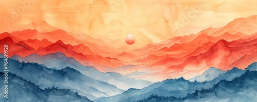 Abstract sunrise over a misty mountain in watercolor.