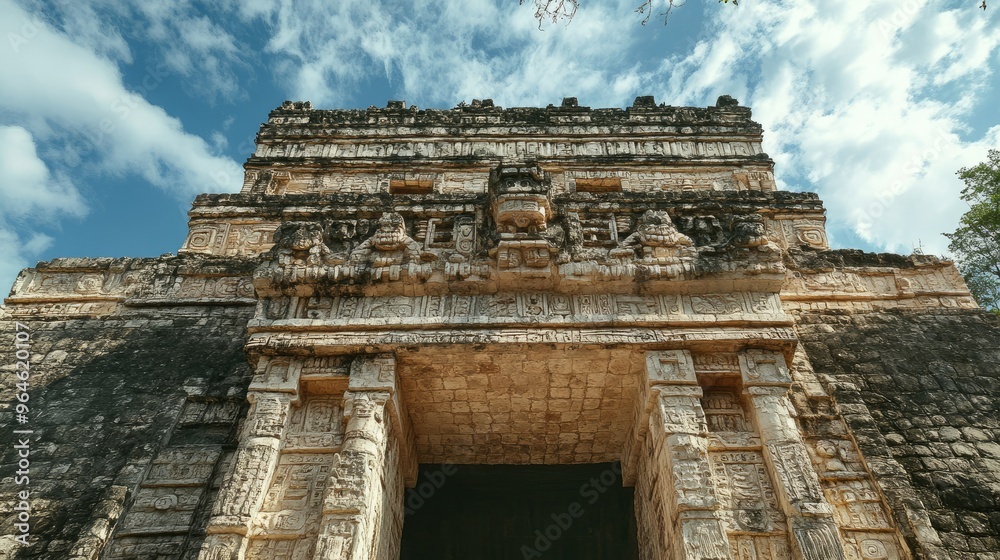The Temple of the Jaguars at Chichen Itza, seen from below, showcasing its grandeur and historic significance. The Temple of the Jaguars at Chichen Itza, seen from below, showcasing its grandeur and historic significance.
