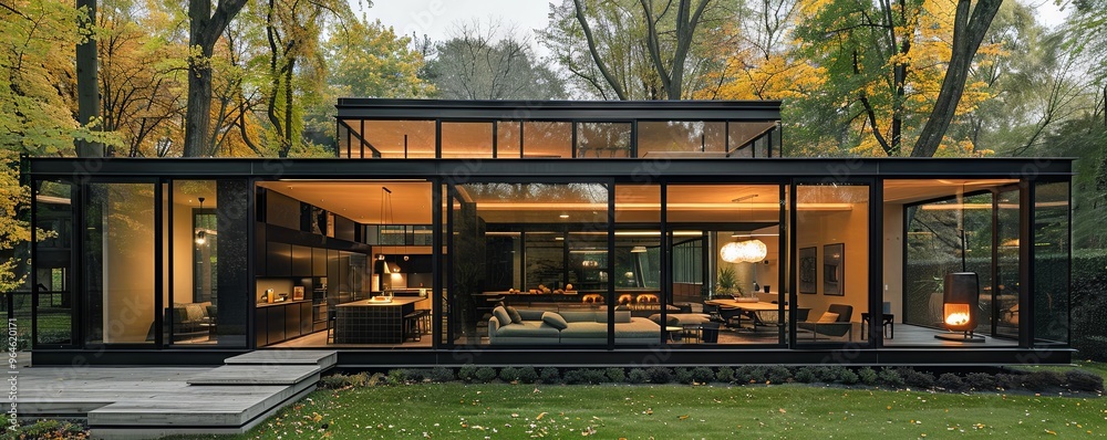 Modern glass house with a serene setting. Modern glass house with a serene setting.