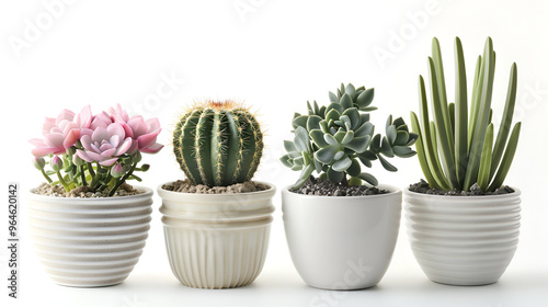 Succulent plants in pots on white background, space for text ,Collection of cactus or succulent plants different in pots, over white background