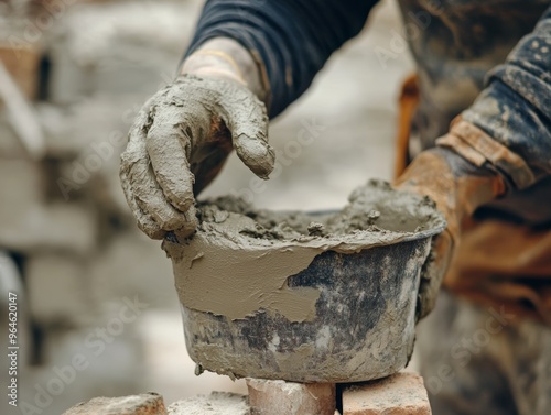 Wallpaper Mural Close-up of a Construction Worker's Hand Applying Mortar to Bricks, Emphasizing the Texture and Detail of the Mortar, Cement, and Gloved Hand. Torontodigital.ca