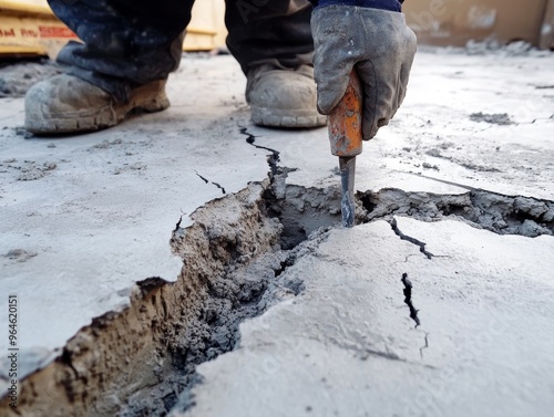 Close-up Detail of a Worker's Hand Using a Tool to Repair a Crack in a Concrete Floor, Under an Overcast Sky