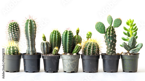 Succulent plants in pots on white background, space for text ,Collection of cactus or succulent plants different in pots, over white background
