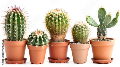 Collection of cactuses in a pot, over white background ,Green succulents and cacti in pots on light background
