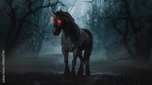 Black wild evil Unicorn standing in the misty dark forest