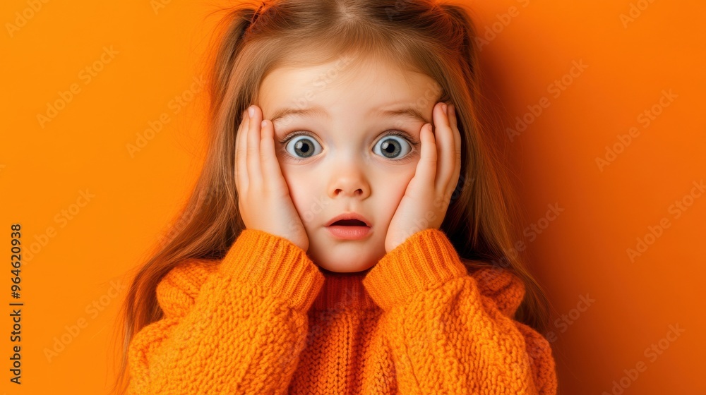Εκτύπωση καμβά A little girl in an orange sweater covering her eyes, AI