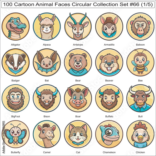 Cartoon Animal Faces Circular Collection Set of 100 Isolated Animals Part 1 photo