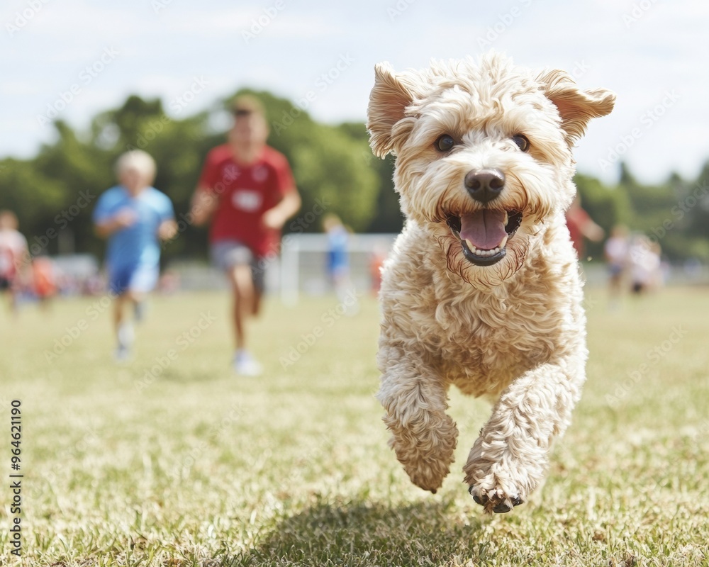 Playful Dog Running on Grass at Park During Community Soccer Game - Fun, Active Lifestyle Playful Dog Running on Grass at Park During Community Soccer Game - Fun, Active Lifestyle