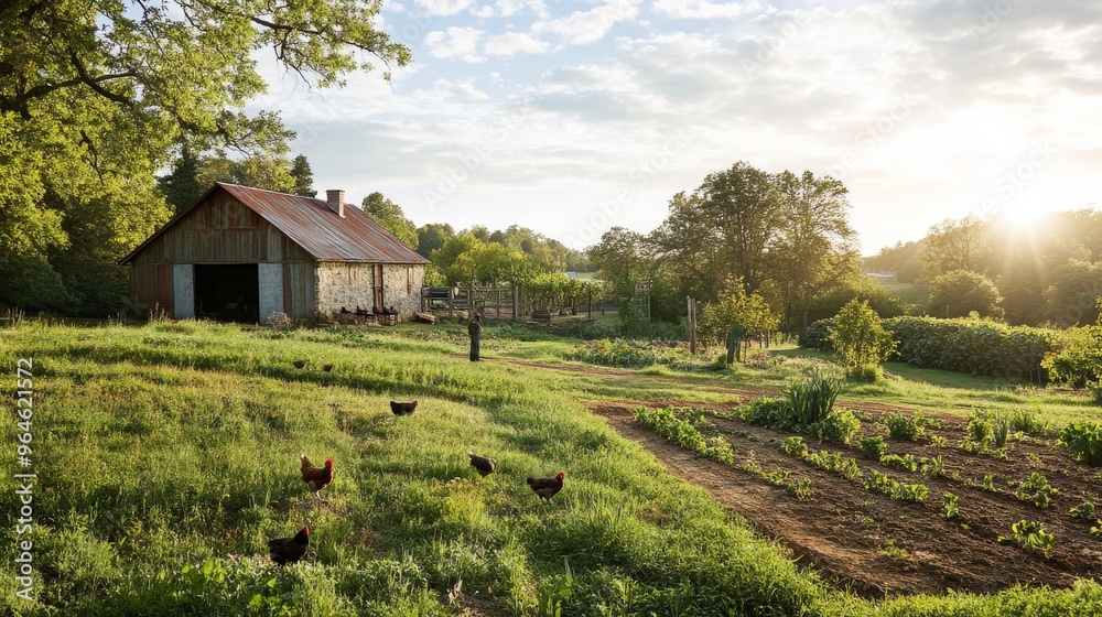 Rural Farmhouse with Person Tending to Chickens and Vegetable Garden
Rural Farmhouse with Person Tending to Chickens and Vegetable Garden