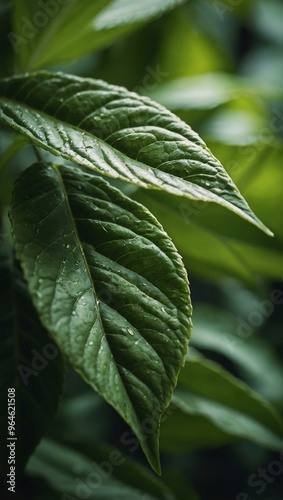 Close-up of a green leaf with natural green background, ideal for text or design.