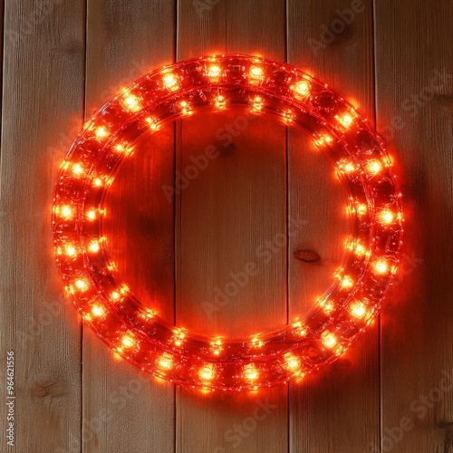 Christmas red background with realistic decoration round ring from glass light garland. Merry Christmas Greeting card. Happy new year. ai generated