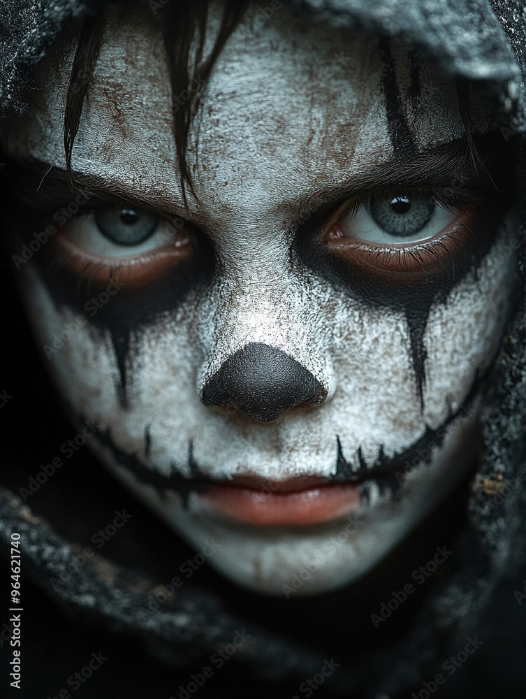 A spooky portrait of a child with Halloween makeup, set against a black background. The dramatic face paint contrasts with the dark setting, creating an eerie and festive atmosphere
