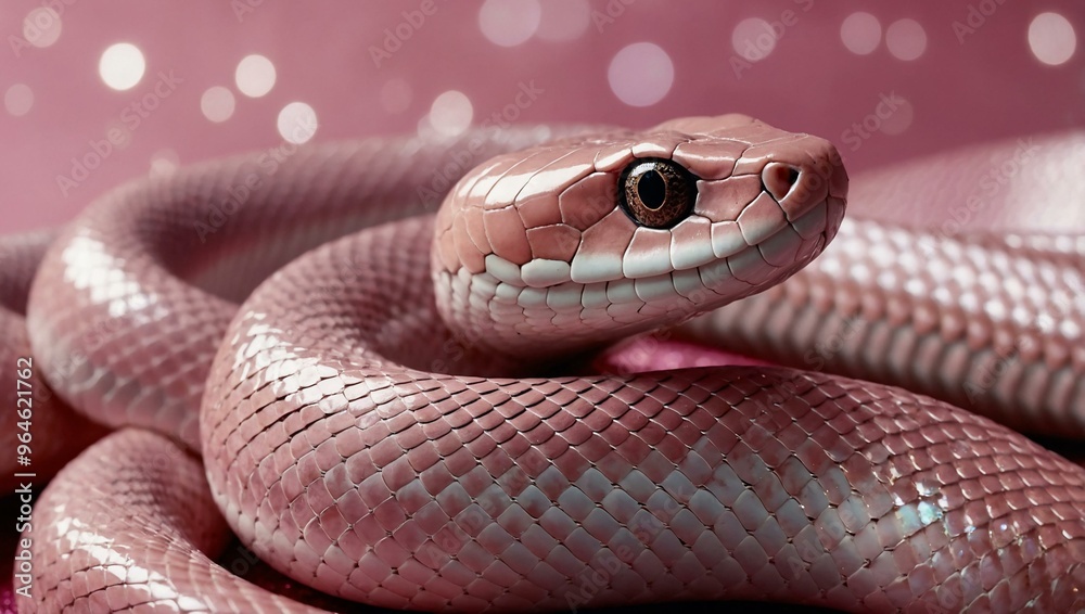 Close-up of a sparkling pink snake set against an abstract glittering background, with space for text. Close-up of a sparkling pink snake set against an abstract glittering background, with space for text.