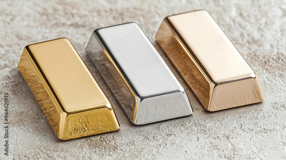 Three metal ingots in gold, silver, and bronze, arranged on a textured surface, refined metallic shine, symbols of wealth and value, customizable design template Three metal ingots in gold, silver, and bronze, arranged on a textured surface, refined metallic shine, symbols of wealth and value, customizable design template