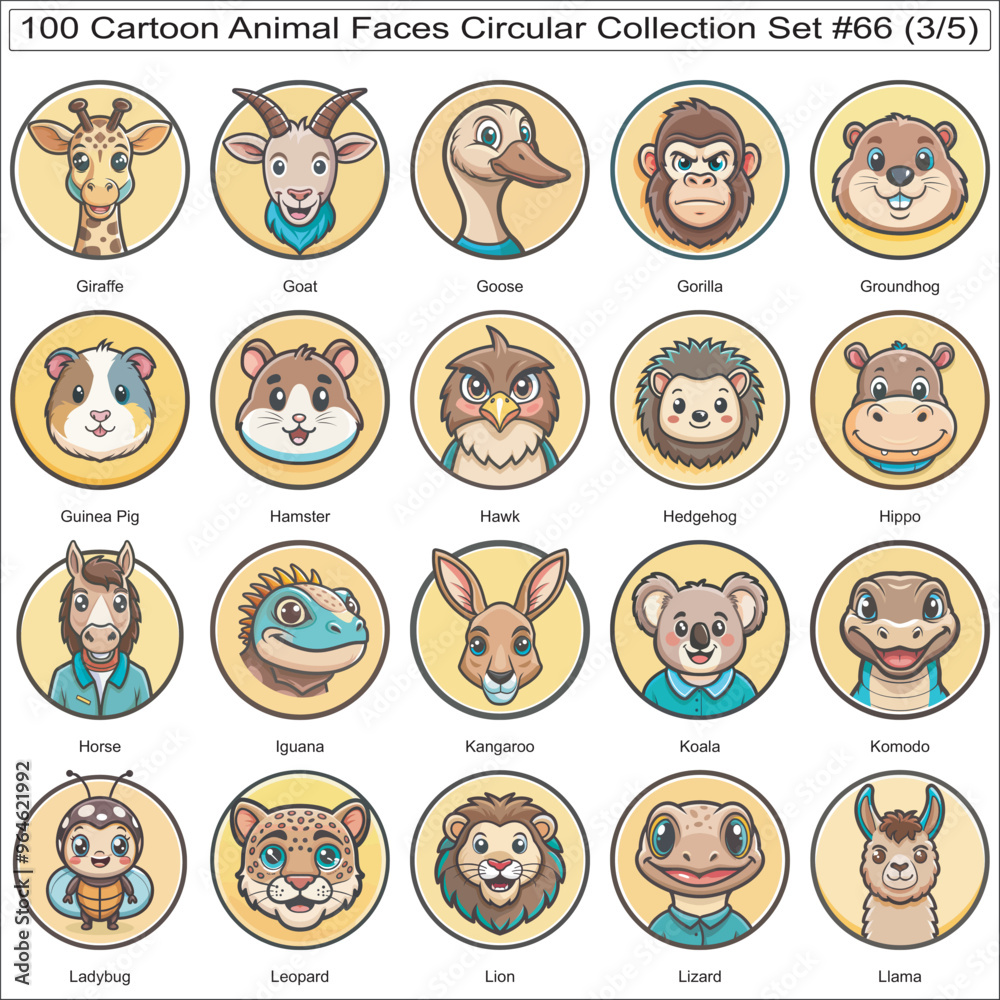 Cartoon Animal Faces Circular Collection Set of 100 Isolated Animals Part 3 Cartoon Animal Faces Circular Collection Set of 100 Isolated Animals Part 3