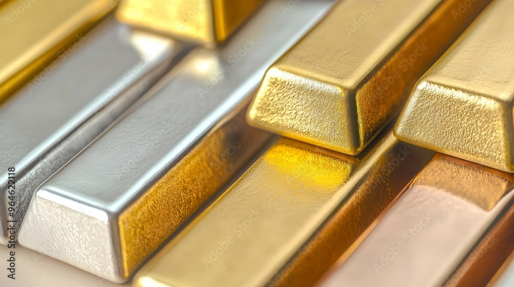 Close-up of gold, silver, and bronze bars, detailed metallic textures, luxurious and valuable metals, minimalist presentation, high-resolution product display Close-up of gold, silver, and bronze bars, detailed metallic textures, luxurious and valuable metals, minimalist presentation, high-resolution product display