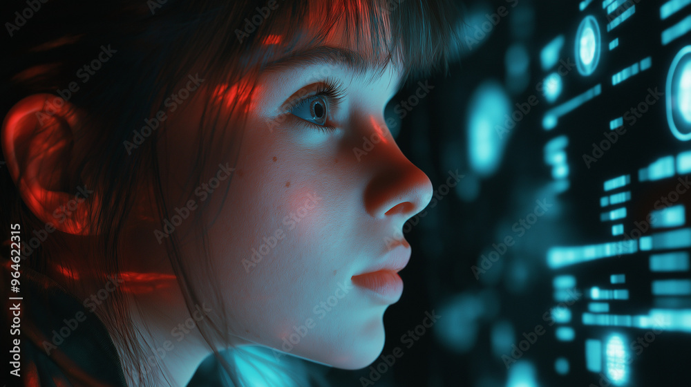 Focused Young Woman Interacting with Digital Interface in Red and Blue Light Focused Young Woman Interacting with Digital Interface in Red and Blue Light